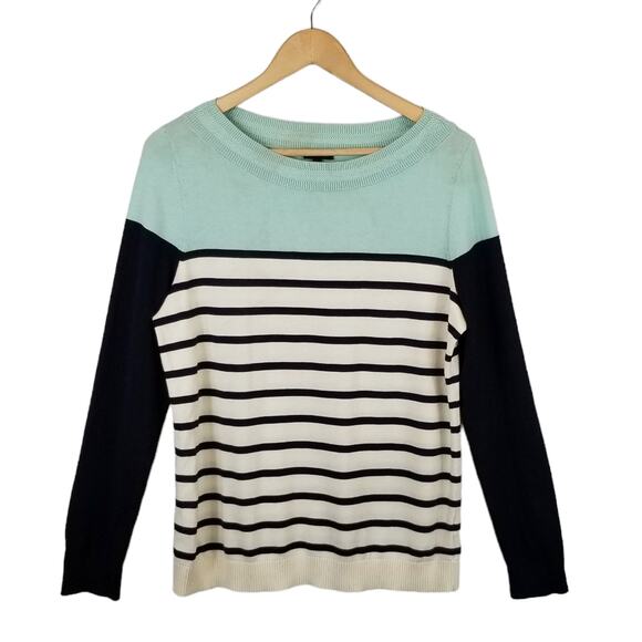 Talbots Cotton Tencel Striped Sweater Size M Navy Blue Ivory Mint Green - Picture 1 of 5